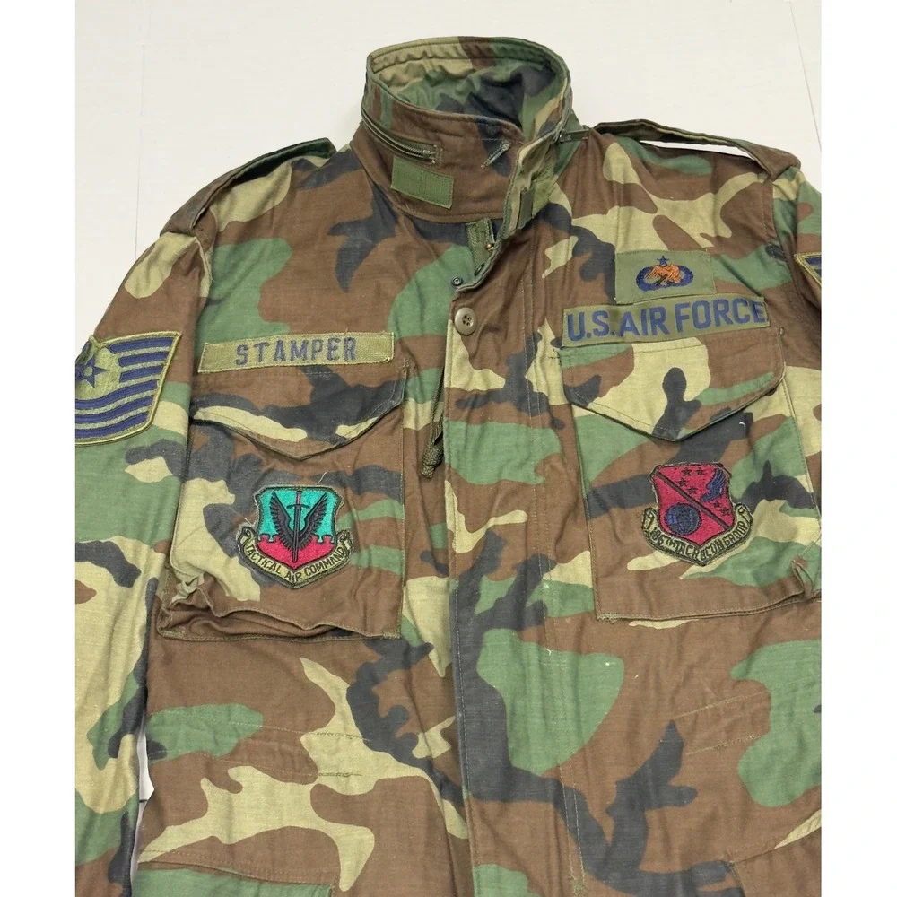 Vintage M-65 Field Coat Mens Small Regular Woodland Camo USAF Patches